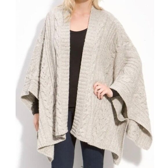 Caslon Womens Swing Poncho Sweater Beige Open Front Cable Knit Ribbed S/M - Picture 1 of 8